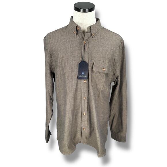 Ben Sherman Shirt Mens XL Sand Brown Herringbone Long Sleeve Button-Down NWT New - Picture 1 of 11